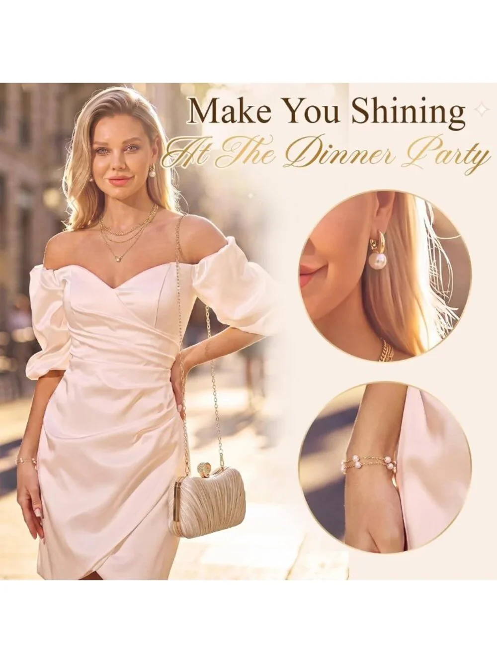 4 Pcs Women's Seashell Evening Clutch Set with Jewelry for Holiday Parties